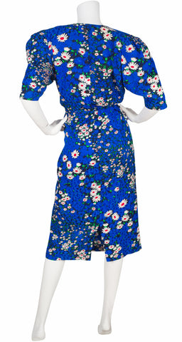 1980s Daisy Print Jacquard Silk Puff Sleeve Dress