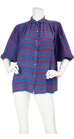 1970s Chevron Blue Silk Puff Sleeve Blouse
