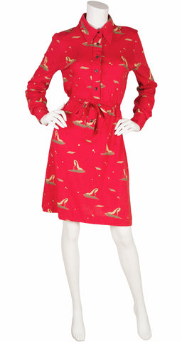 1970s Greyhound Art Deco Print Jersey Shirt Dress
