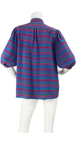 1970s Chevron Blue Silk Puff Sleeve Blouse
