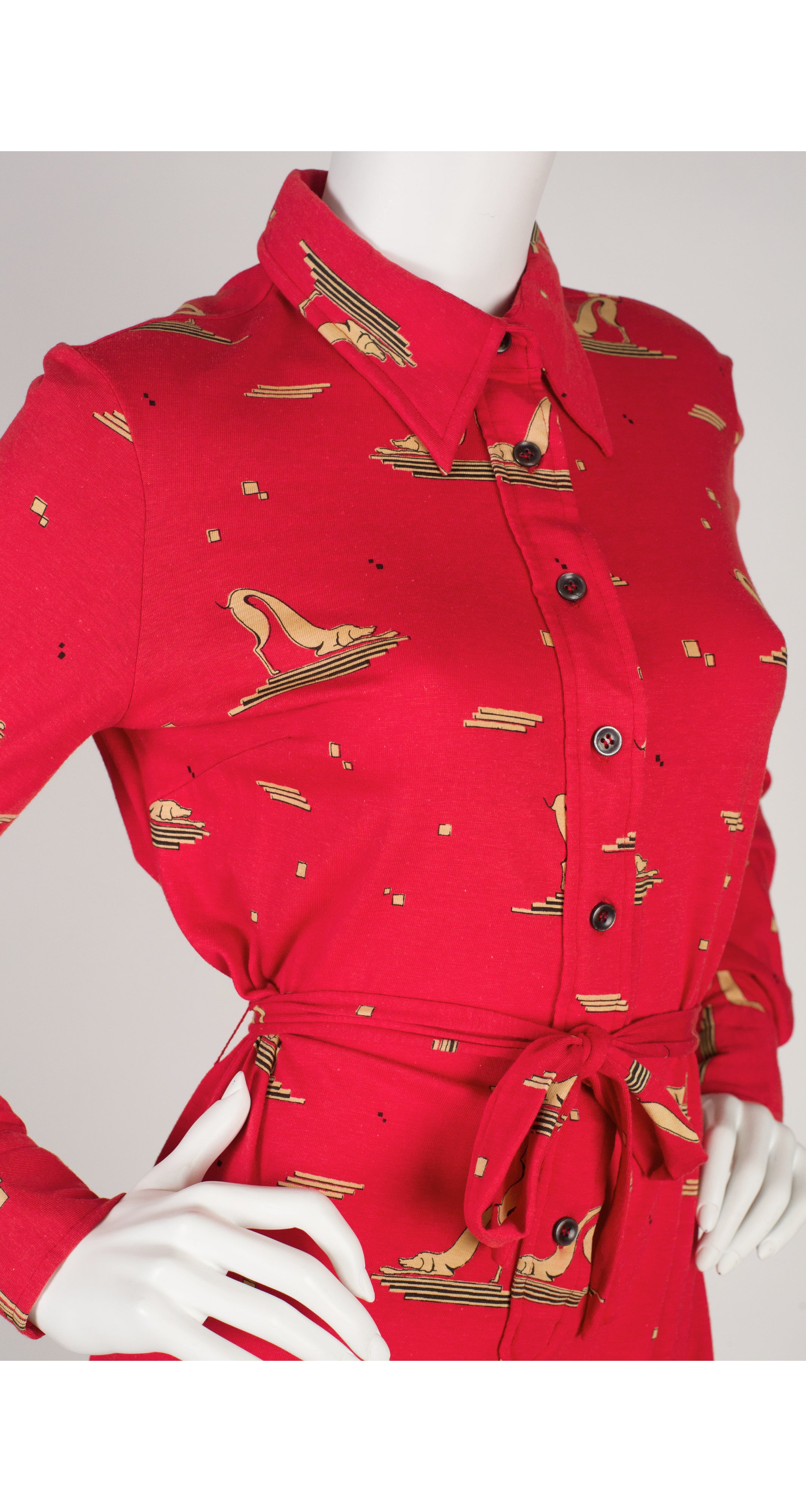 1970s Greyhound Art Deco Print Jersey Shirt Dress