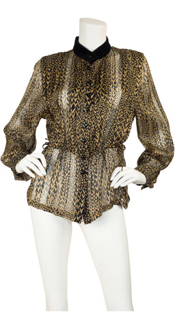 1978 F/W Runway "V" Print Silk Chiffon Balloon Sleeve Blouse