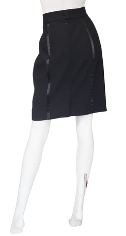 1990s Black Satin Tuxedo Stripe Wool Pencil Skirt