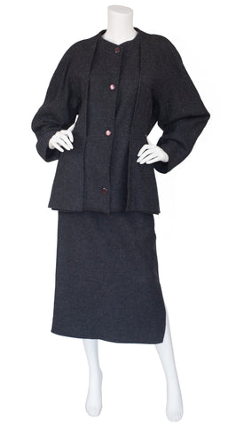 1980s Navy Blue Wool Panel Jacket & Skirt Suit