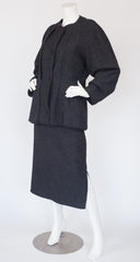1980s Navy Blue Wool Panel Jacket & Skirt Suit