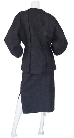 1980s Navy Blue Wool Panel Jacket & Skirt Suit