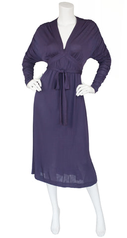 1970s Purple Rayon Jersey Ruched Sleeve Dress