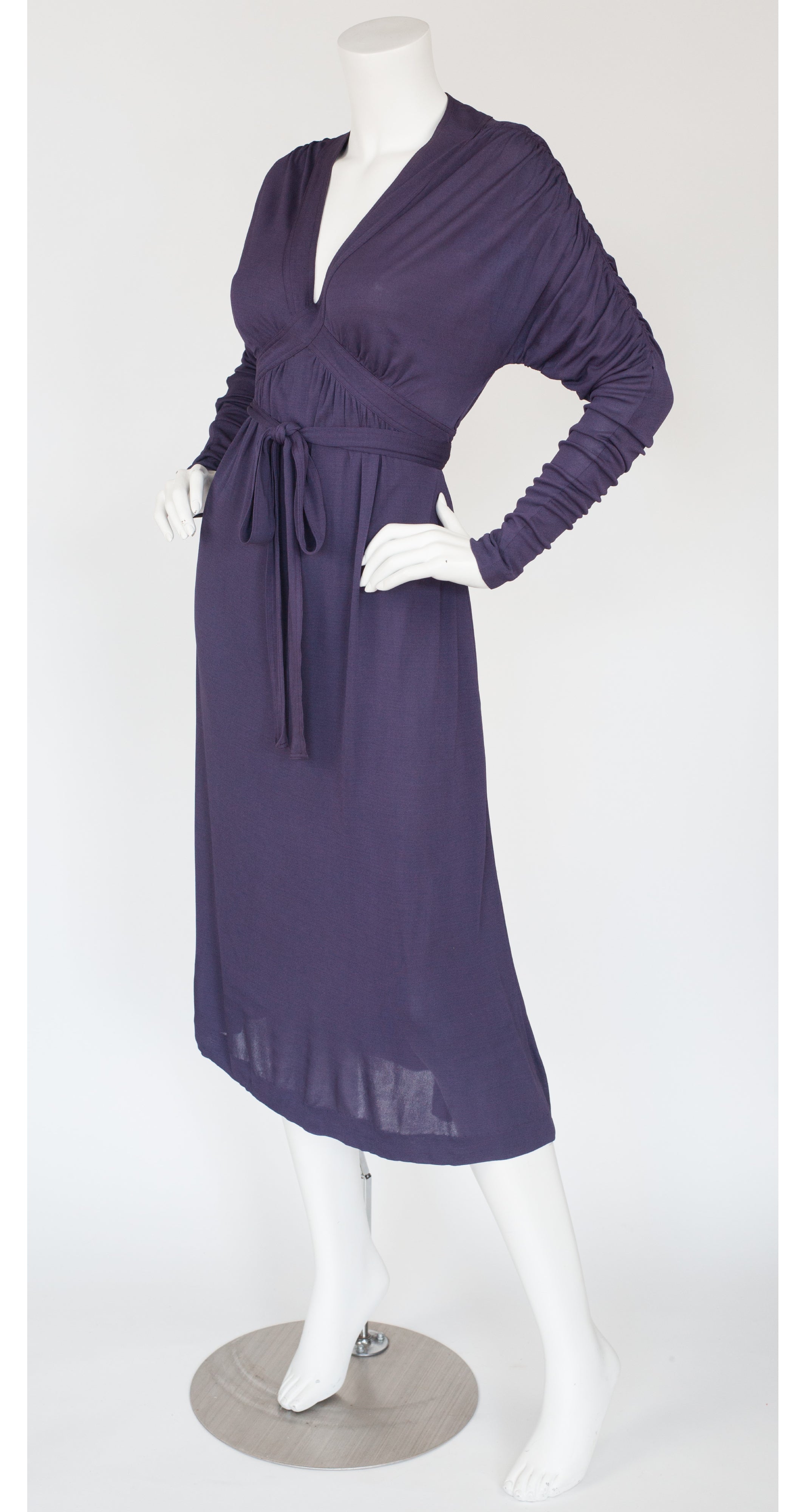 1970s Purple Rayon Jersey Ruched Sleeve Dress