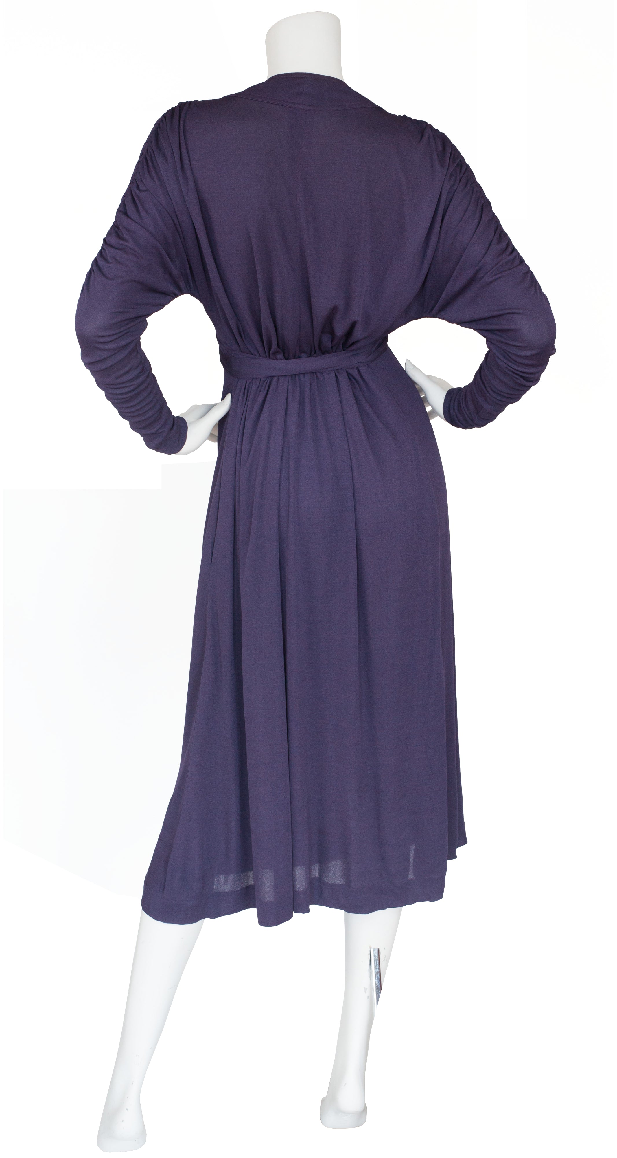 1970s Purple Rayon Jersey Ruched Sleeve Dress