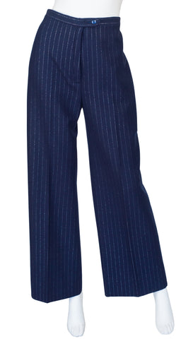 1970s Metallic Pinstripe Navy Wool High-Waisted Wide-Leg Trousers
