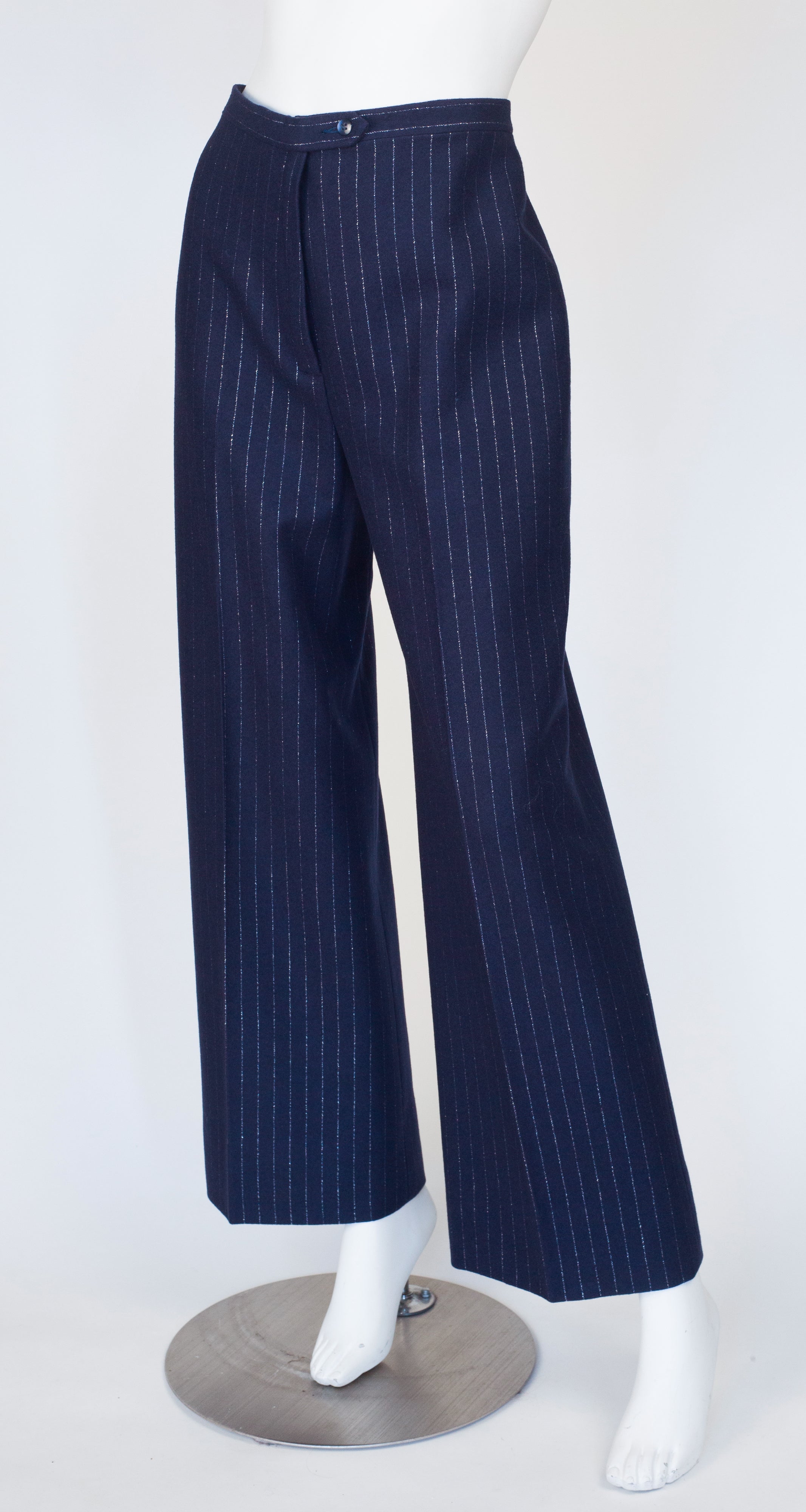 1970s Metallic Pinstripe Navy Wool High-Waisted Wide-Leg Trousers
