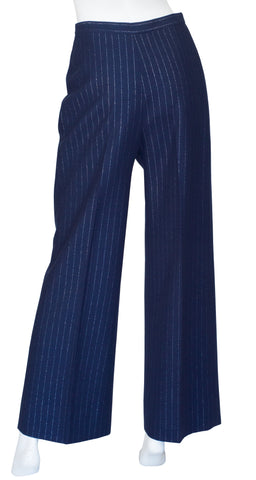 1970s Metallic Pinstripe Navy Wool High-Waisted Wide-Leg Trousers