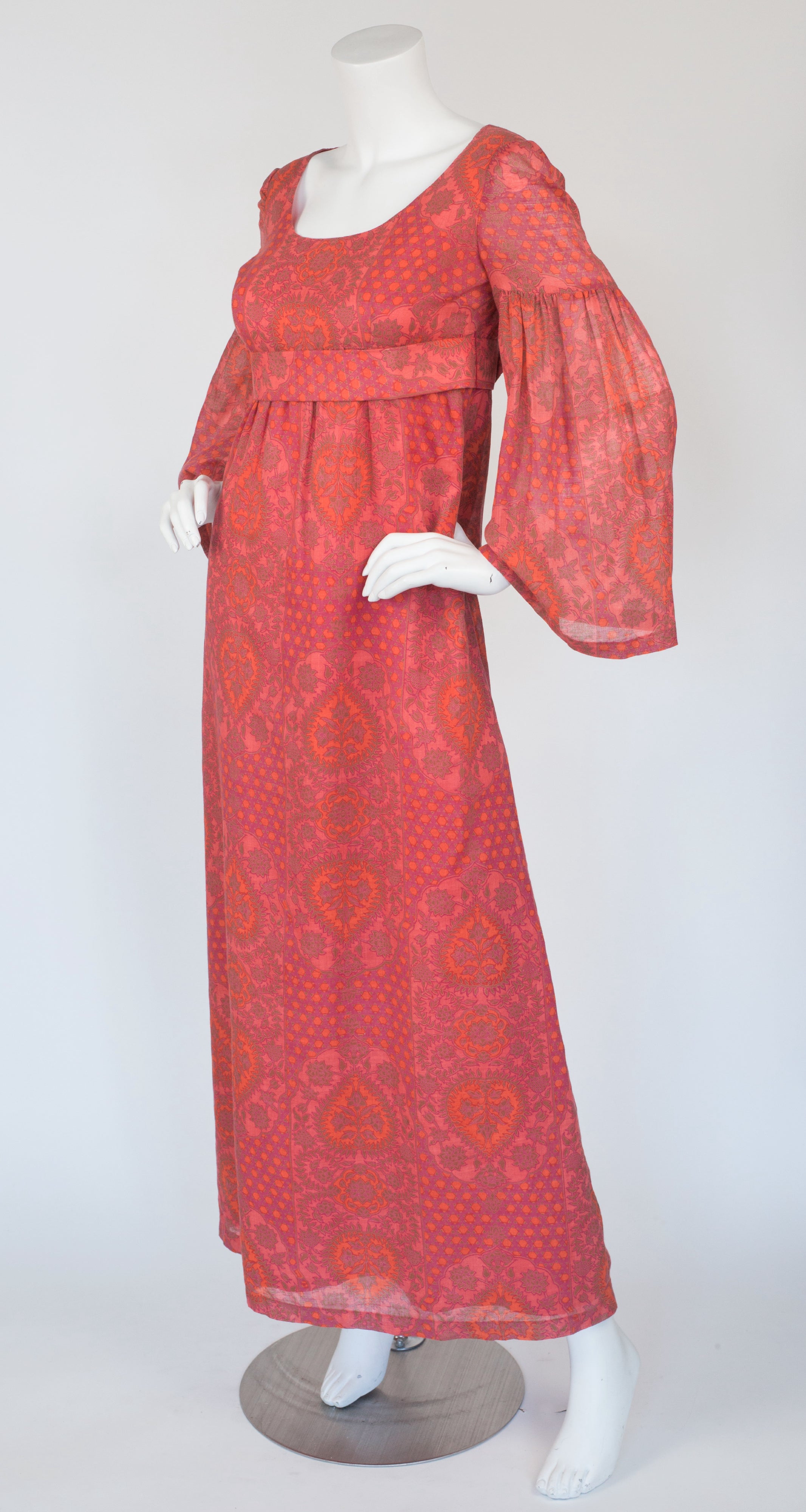 1970s French Pink Cotton Empire Waist Maxi Dress