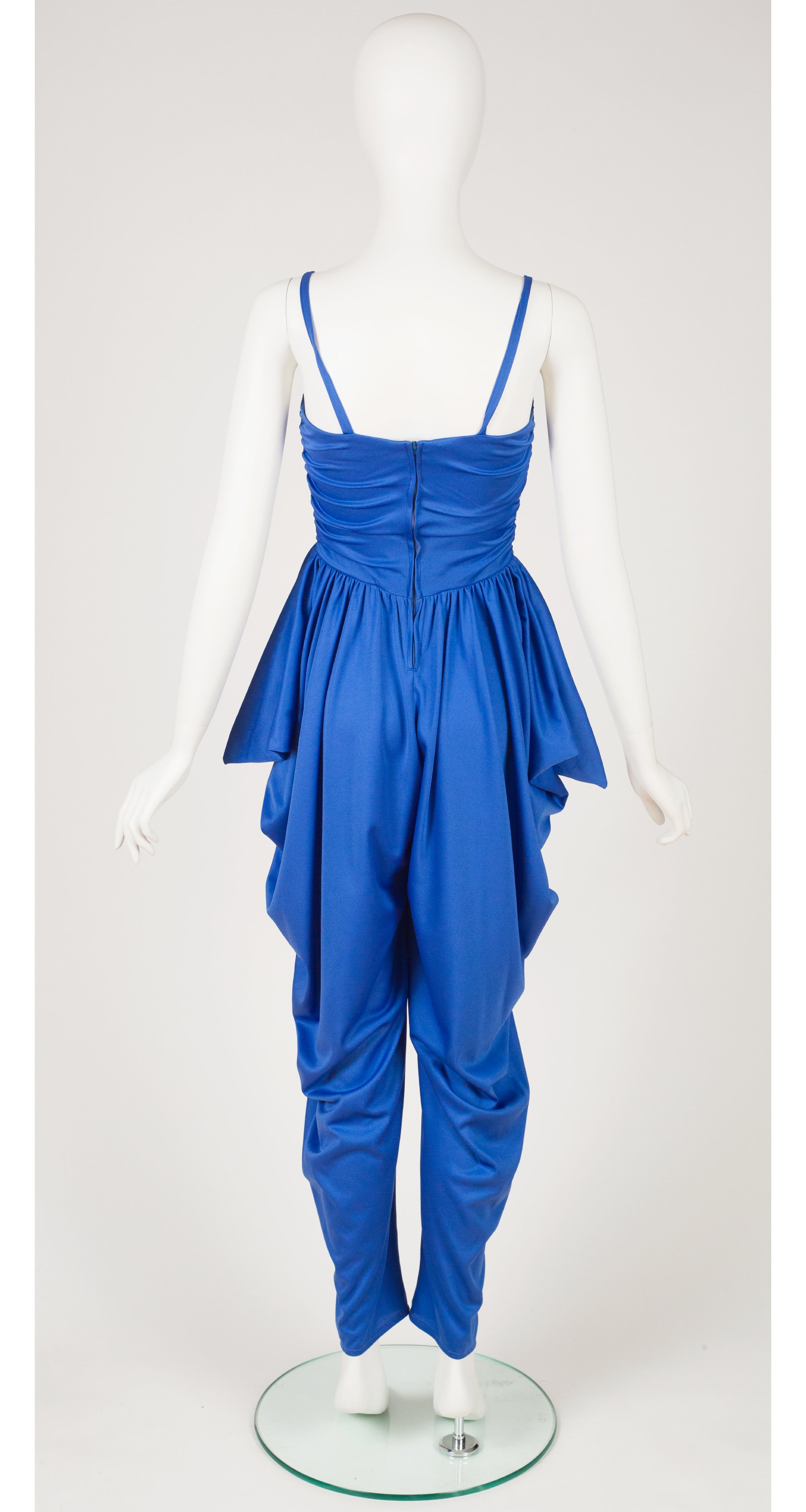1980s Blue Draped Jersey Disco Jumpsuit