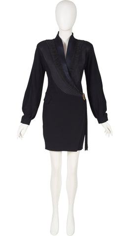 1980s Black Wool Crepe Fringe Wrap Dress