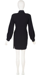 1980s Black Wool Crepe Fringe Wrap Dress