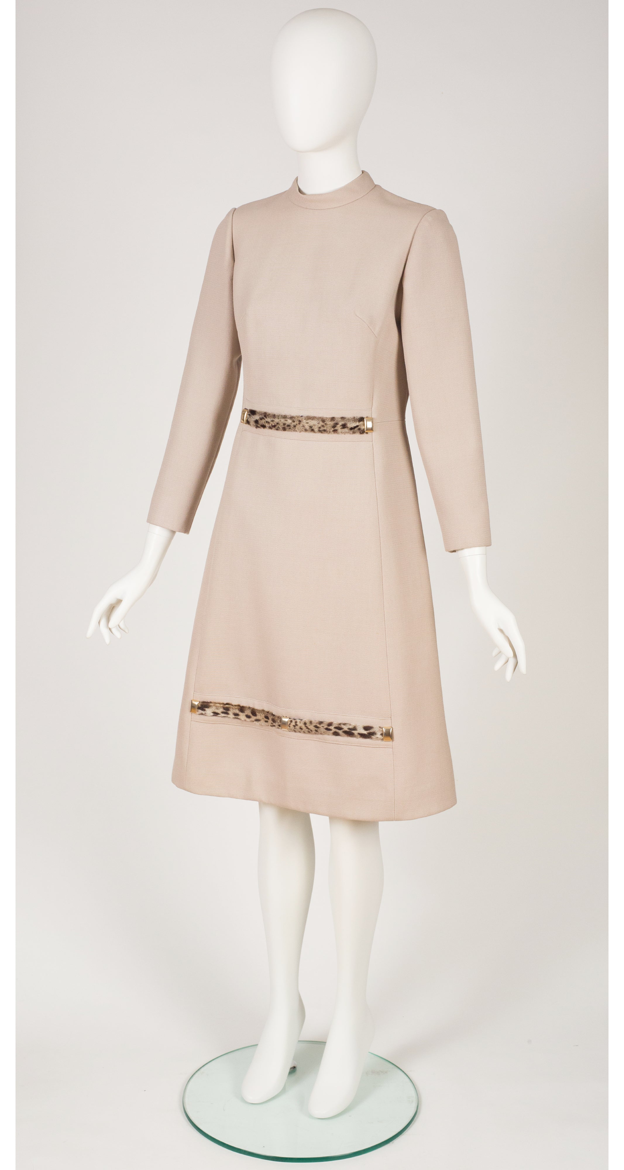 1960s Mod Beige Wool & Leopard Print Fur Dress