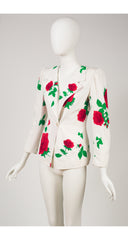 1980s Rose Print White Collared Structured Blazer