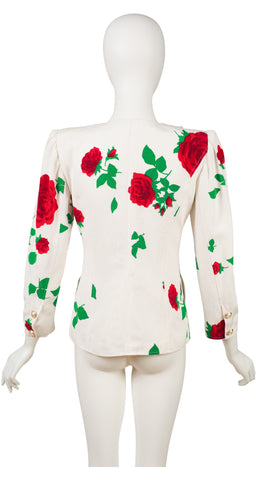 1980s Rose Print White Collared Structured Blazer