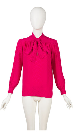 1980s Polka Dot Fuchsia Jacquard Silk Tie-Neck Blouse