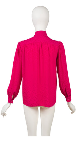 1980s Polka Dot Fuchsia Jacquard Silk Tie-Neck Blouse