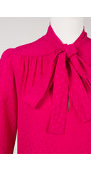 1980s Polka Dot Fuchsia Jacquard Silk Tie-Neck Blouse