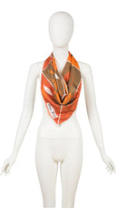 1960s Floral Geometric Print Orange Silk Twill Scarf