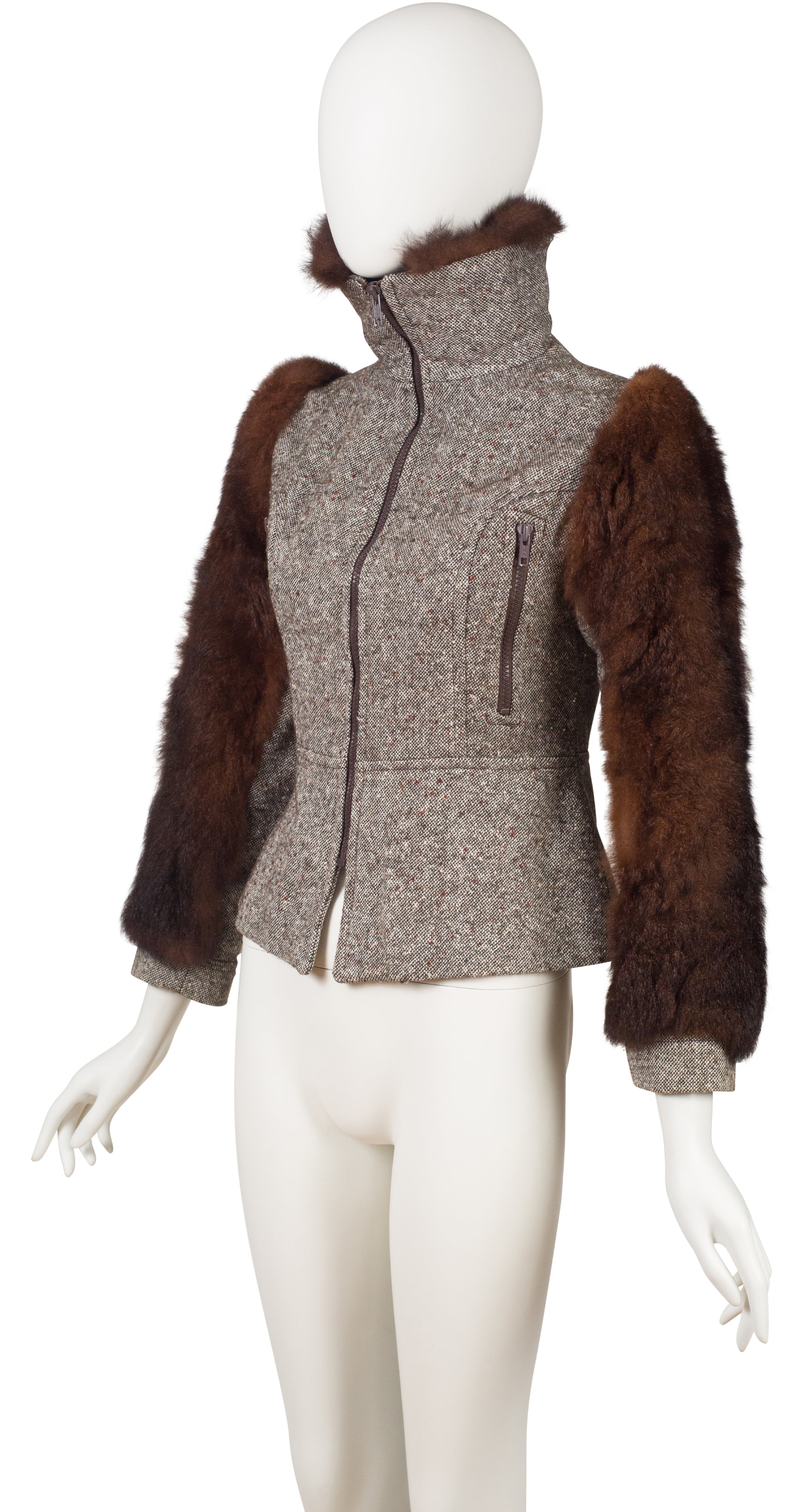 1970s Brown Fur & Tweed Fitted Zip-Up Jacket
