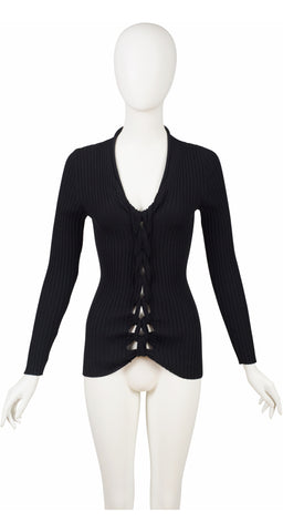 2000s Black Ribbed Wool Knotted Sweater