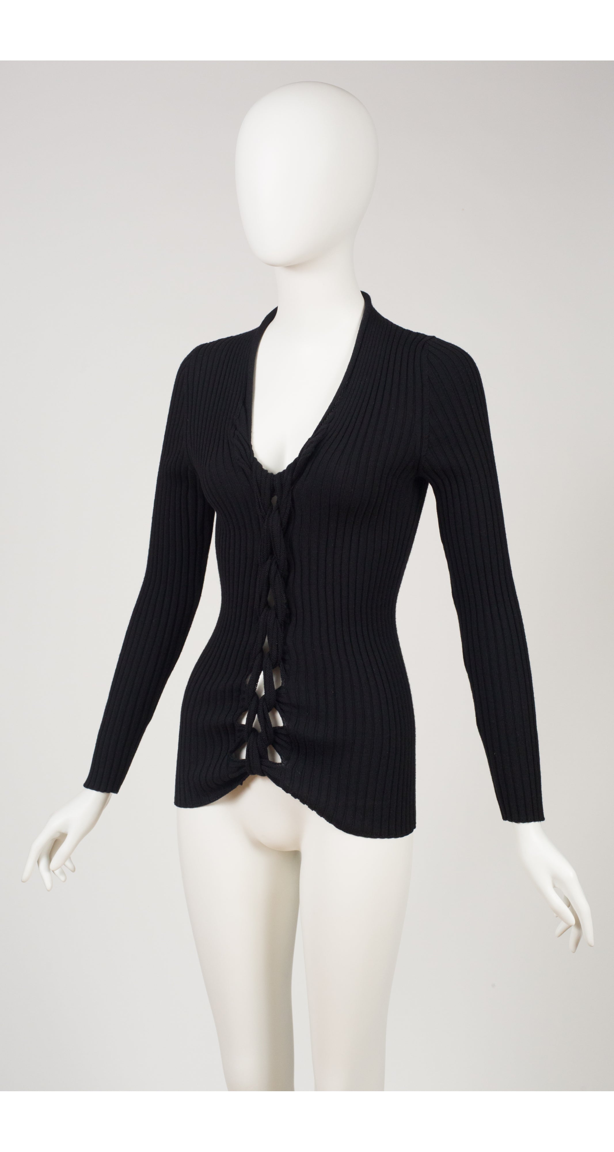 2000s Black Ribbed Wool Knotted Sweater