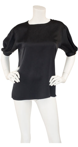1980s Black Silk Blouse & Wool Skirt Set