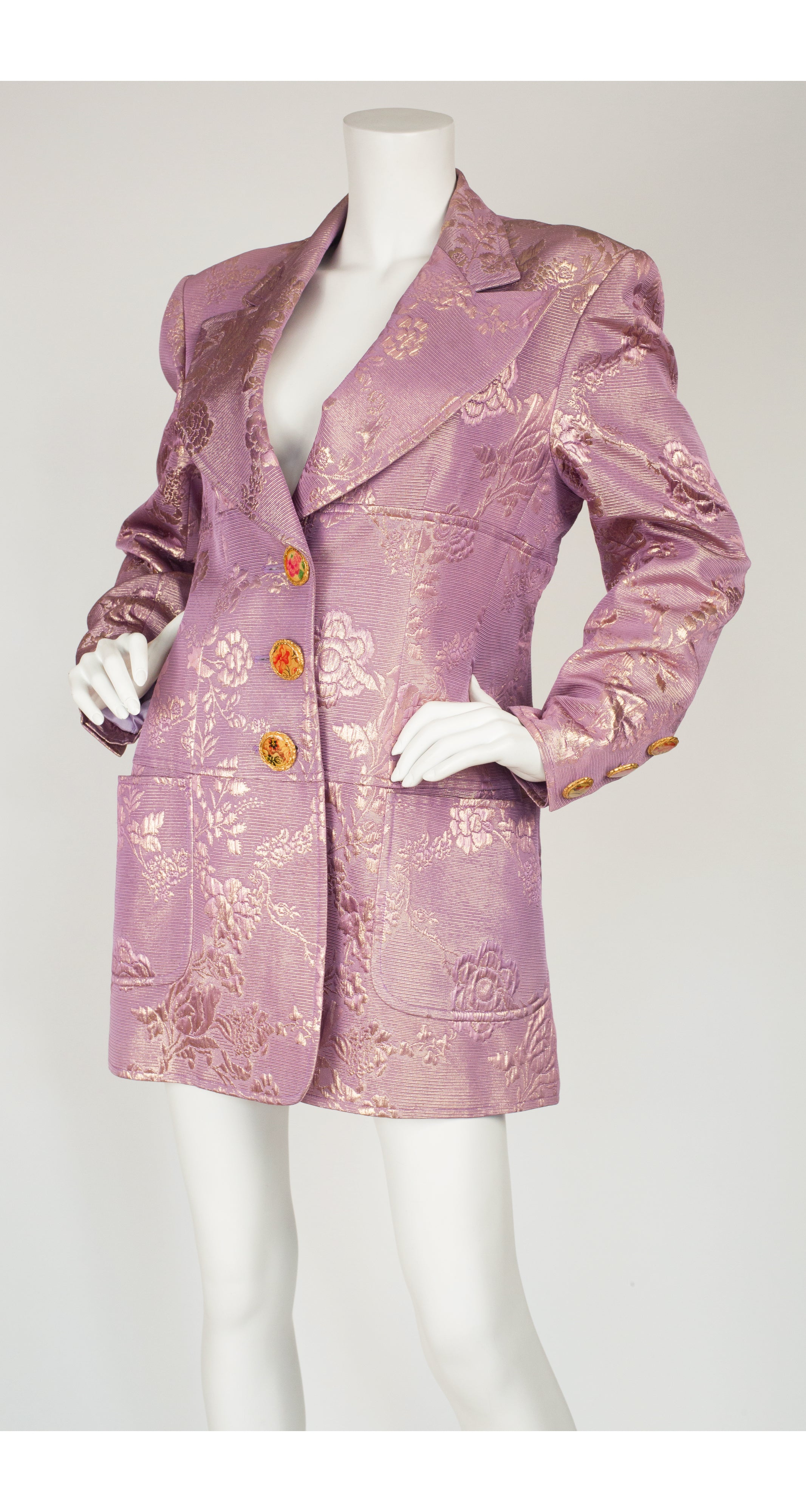 1990s Floral Metallic Purple Brocade Evening Coat