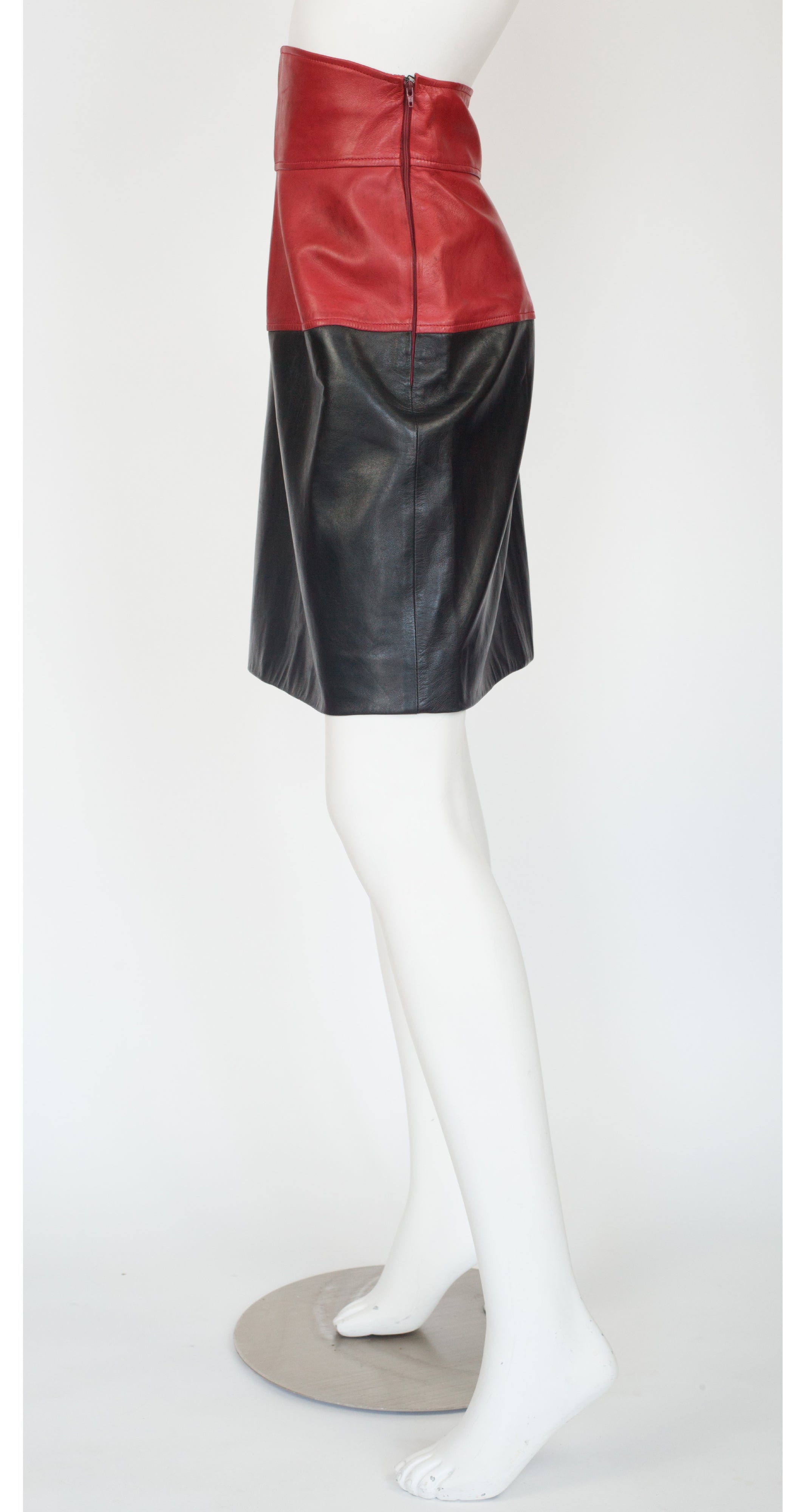 1983-84 F/W Runway Red & Black Leather High-Waisted Skirt