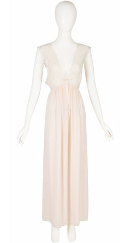 1980s Lace Trim Blush Plunge Neck Nightgown