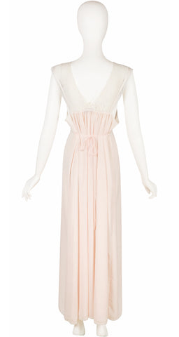 1980s Lace Trim Blush Plunge Neck Nightgown