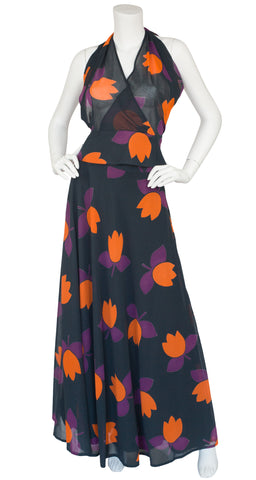 1978 Tulip Print Cotton Halter Top & Maxi Skirt Set