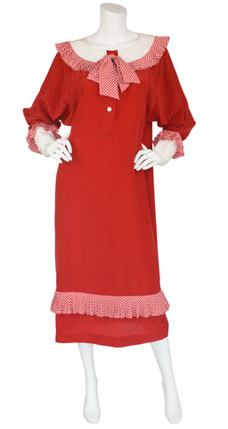 1980s NWT Red Checkered Ruffle Silk Dress