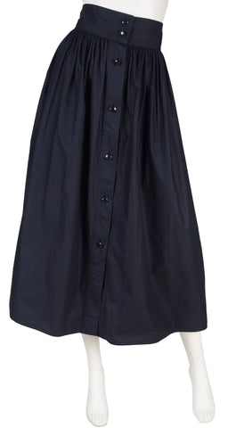 1980s Navy Cotton High-Waisted Midi Skirt