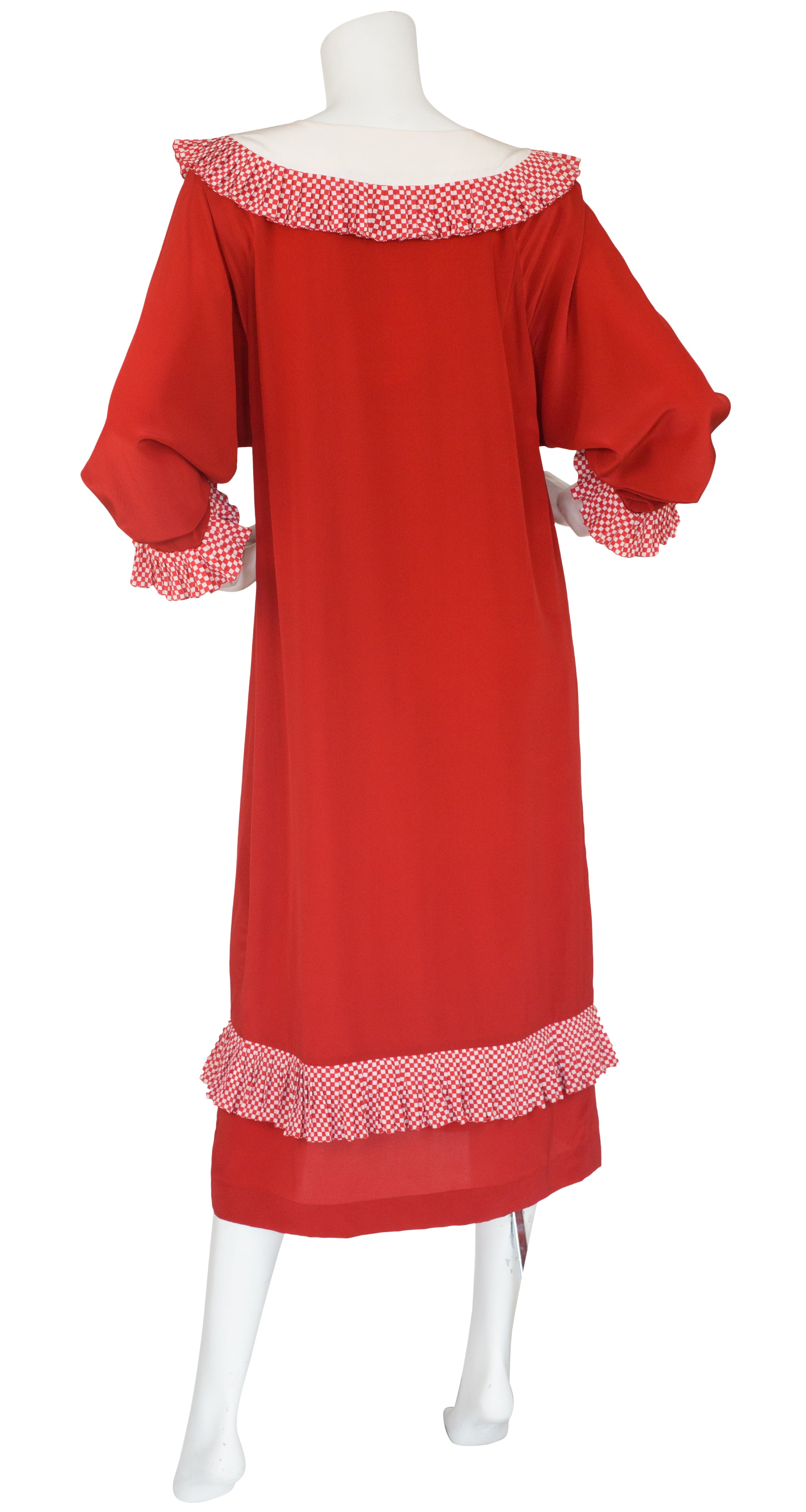 1980s NWT Red Checkered Ruffle Silk Dress