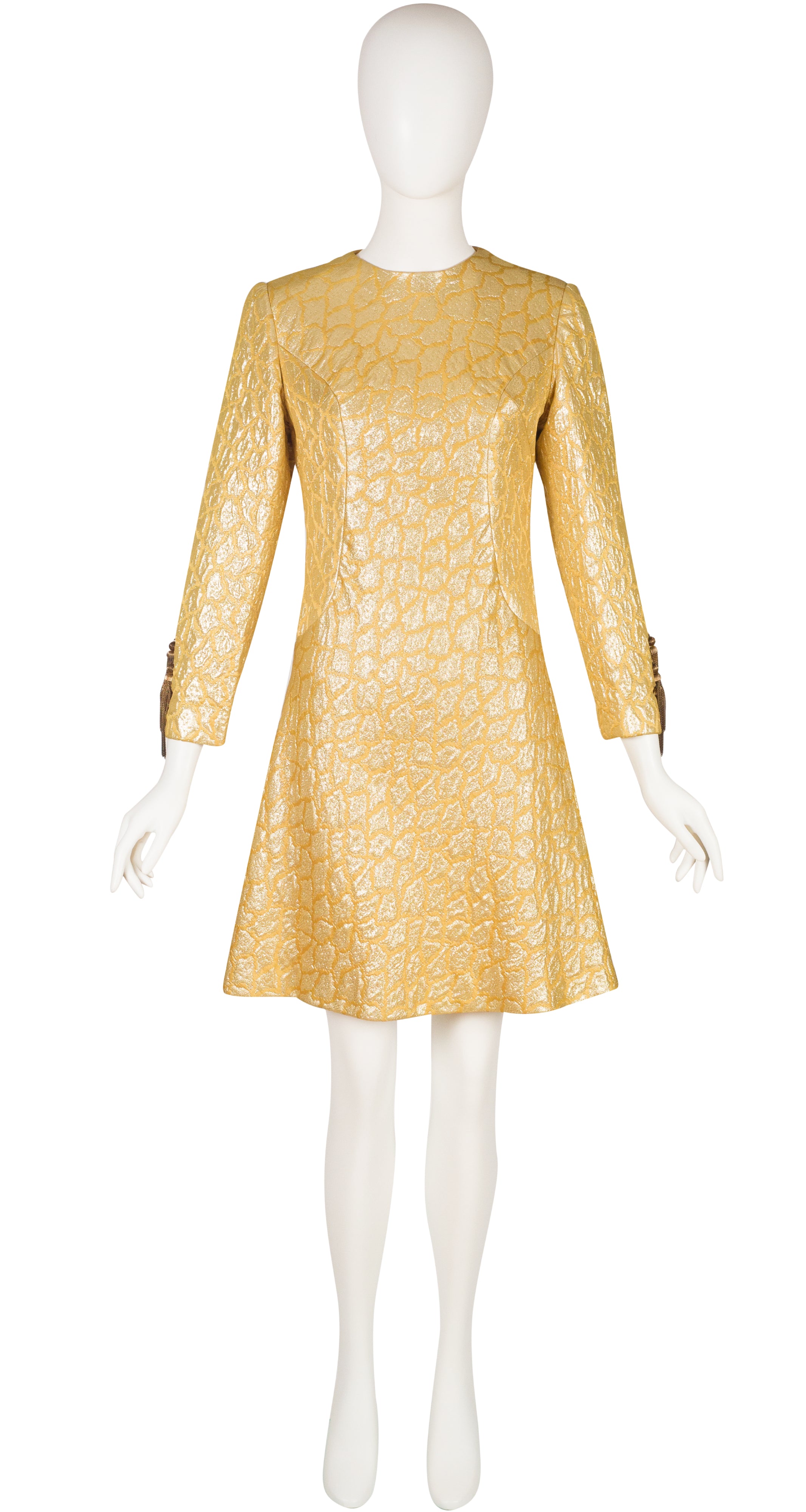Mort Schrader 1960s Mod Gold Brocade Tassel Sleeve Cocktail Dress Featherstone Vintage Mort Schrader 1960s Mod Gold Brocade Tassel Sleeve Cocktail Dress Featherstone Vintage