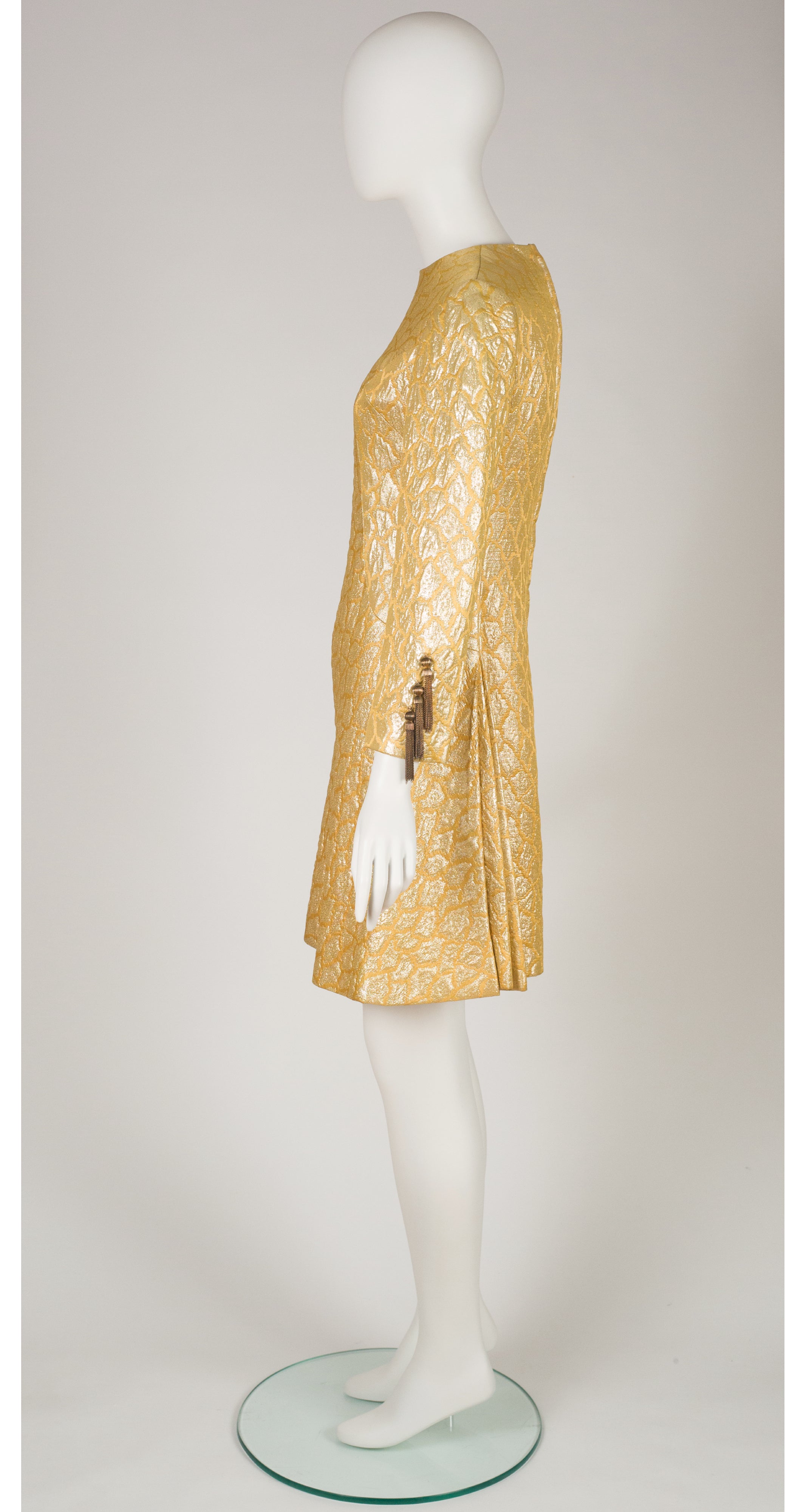 Mort Schrader 1960s Mod Gold Brocade Tassel Sleeve Cocktail Dress Featherstone Vintage Mort Schrader 1960s Mod Gold Brocade Tassel Sleeve Cocktail Dress Featherstone Vintage
