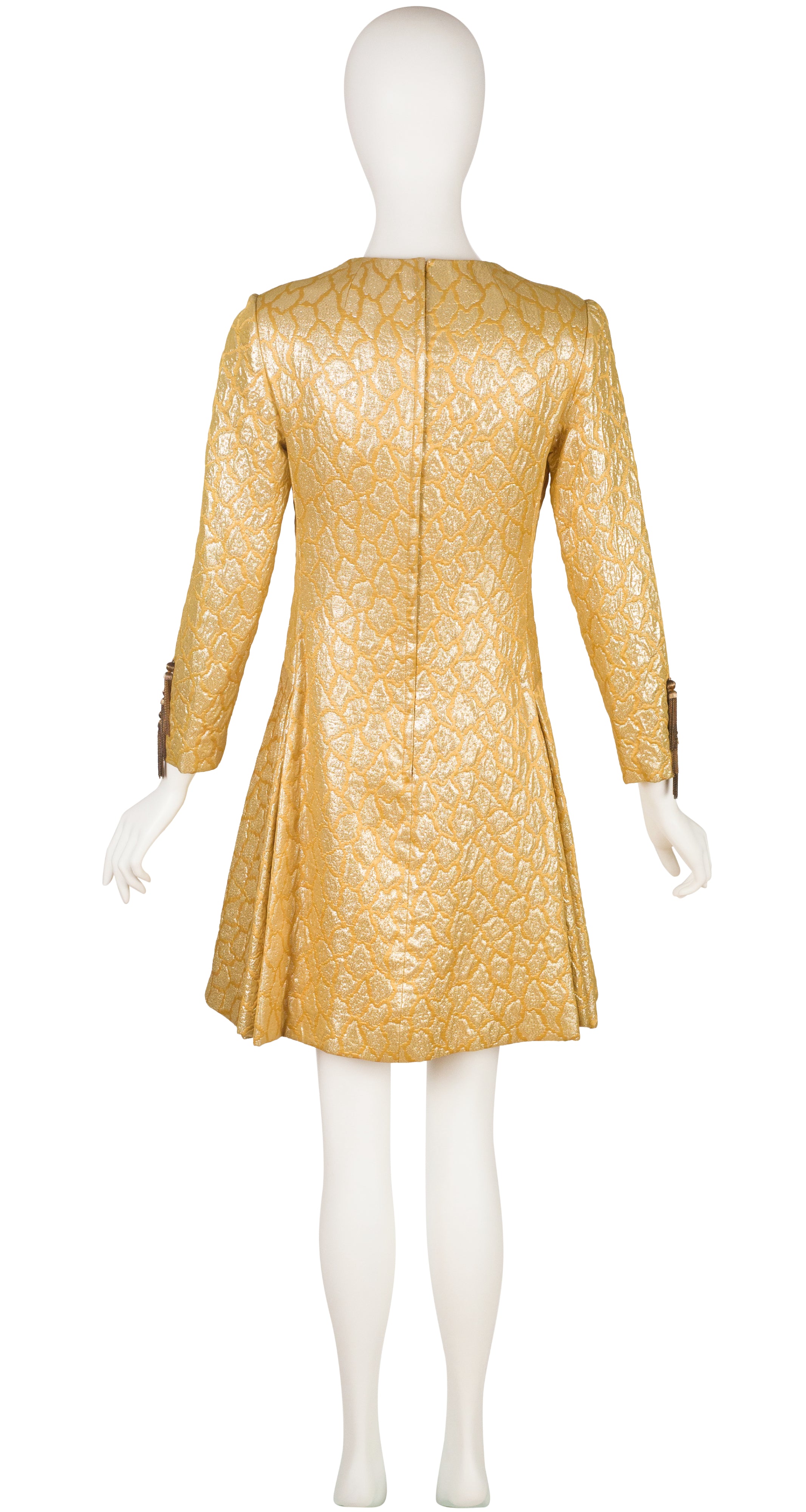 Mort Schrader 1960s Mod Gold Brocade Tassel Sleeve Cocktail Dress Featherstone Vintage Mort Schrader 1960s Mod Gold Brocade Tassel Sleeve Cocktail Dress Featherstone Vintage