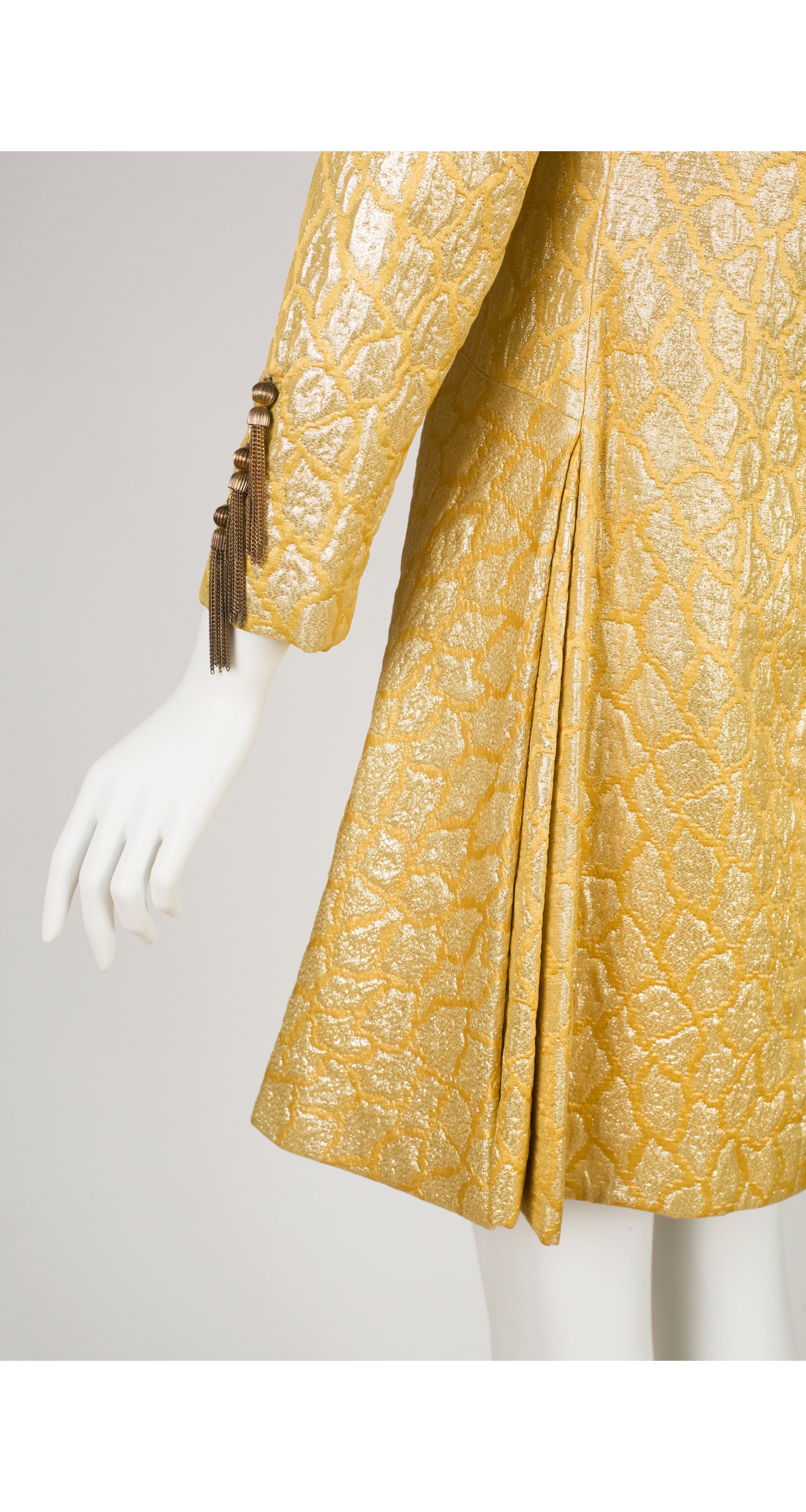 Mort Schrader 1960s Mod Gold Brocade Tassel Sleeve Cocktail Dress Featherstone Vintage Mort Schrader 1960s Mod Gold Brocade Tassel Sleeve Cocktail Dress Featherstone Vintage