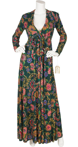 1970s NWT Sequin Floral Green Jersey Evening Gown
