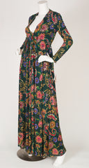 1970s NWT Sequin Floral Green Jersey Evening Gown