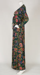 1970s NWT Sequin Floral Green Jersey Evening Gown