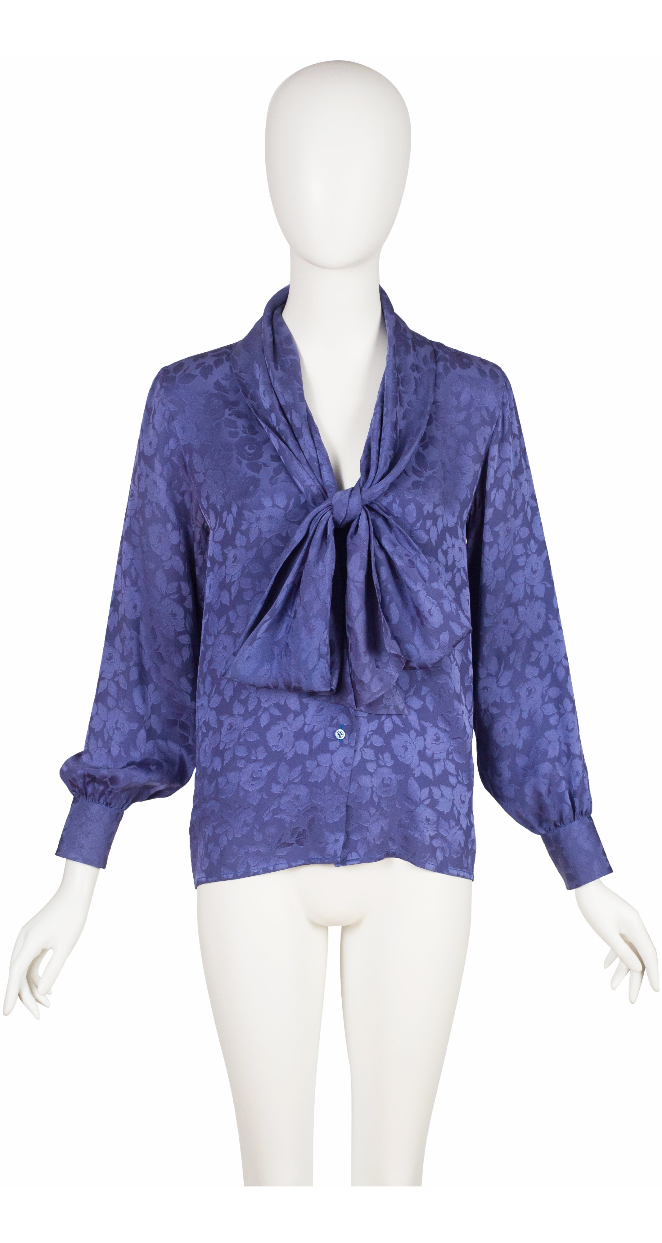 1980s Violet Floral Silk Jacquard Tie-Neck Blouse