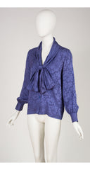 1980s Violet Floral Silk Jacquard Tie-Neck Blouse