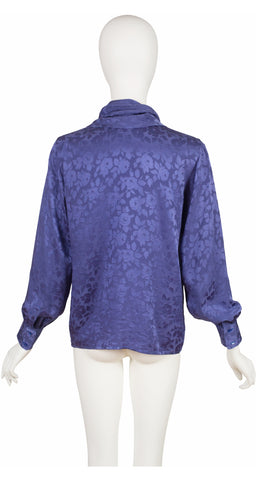 1980s Violet Floral Silk Jacquard Tie-Neck Blouse