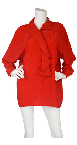 1980s Red Silk Ruffle Neck Blouse